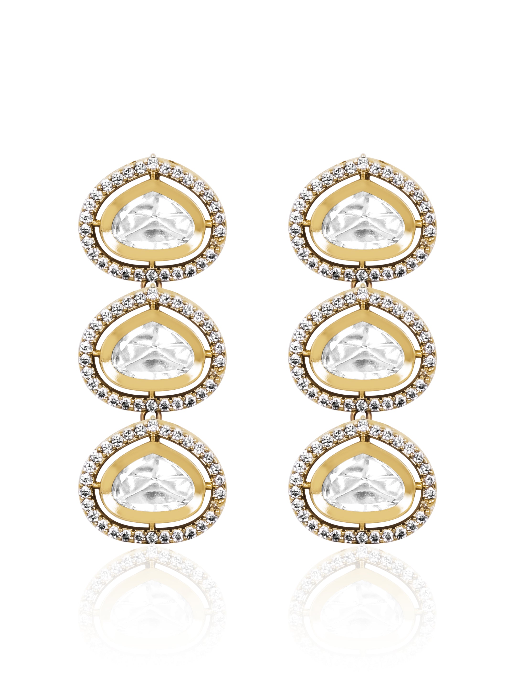 Itrani Crystal Drop Kundan Earrings – Long Brass Statement Jewellery for Weddings & Parties