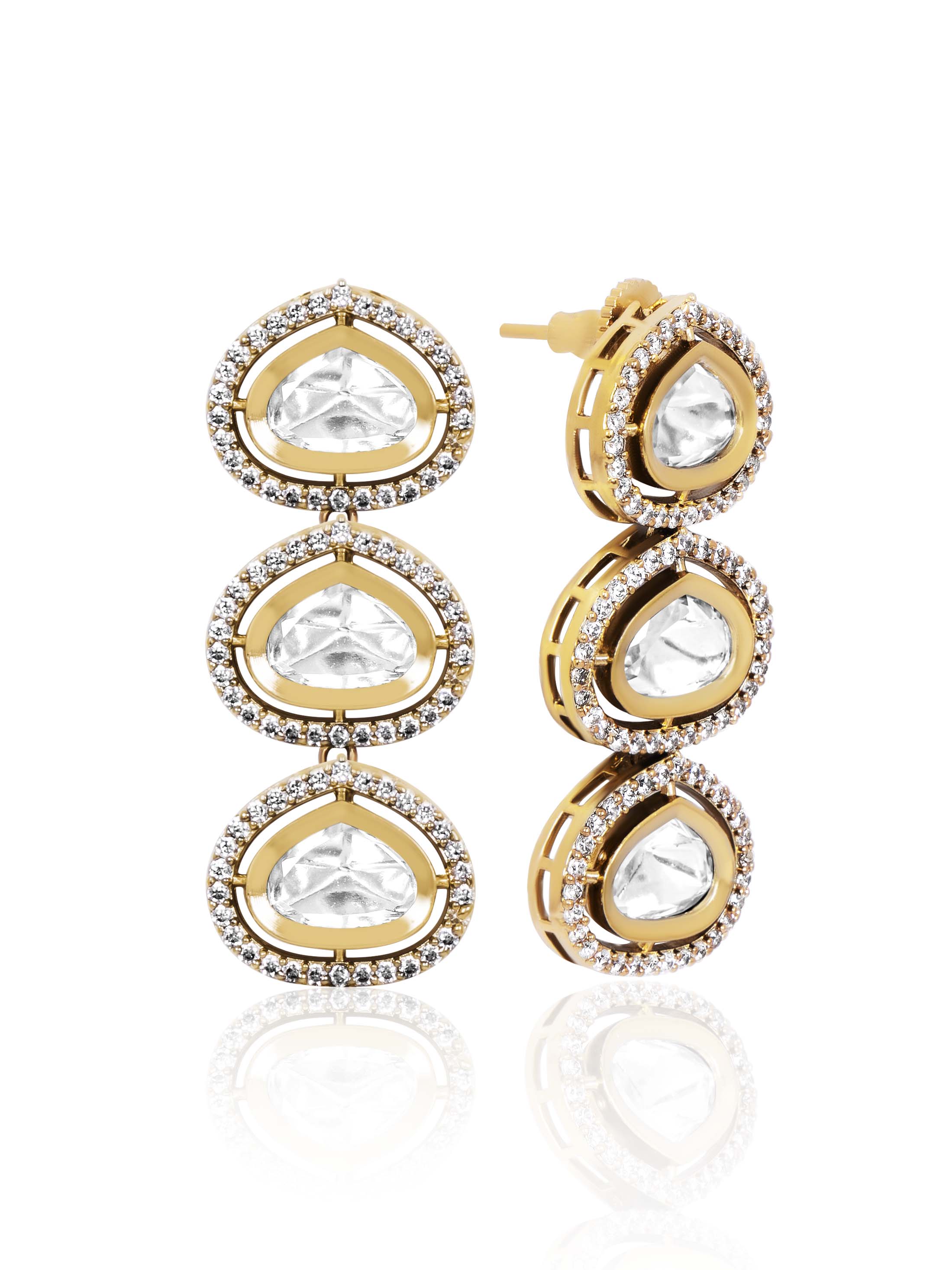 Itrani Crystal Drop Kundan Earrings – Long Brass Statement Jewellery for Weddings & Parties