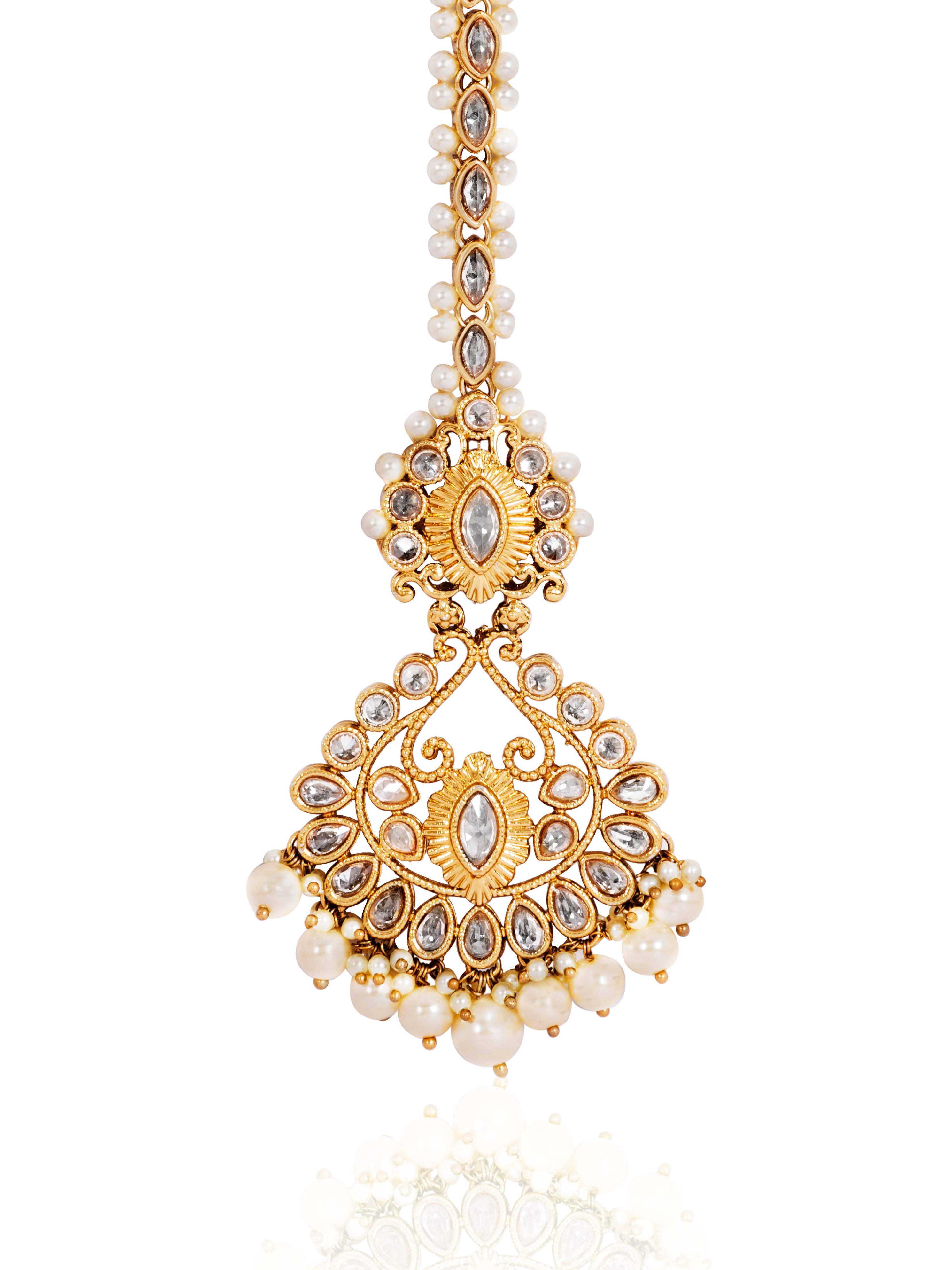 Itrani Antique Kundan Pearl Drop Maang Tikka – Traditional Bridal Hair Accessory