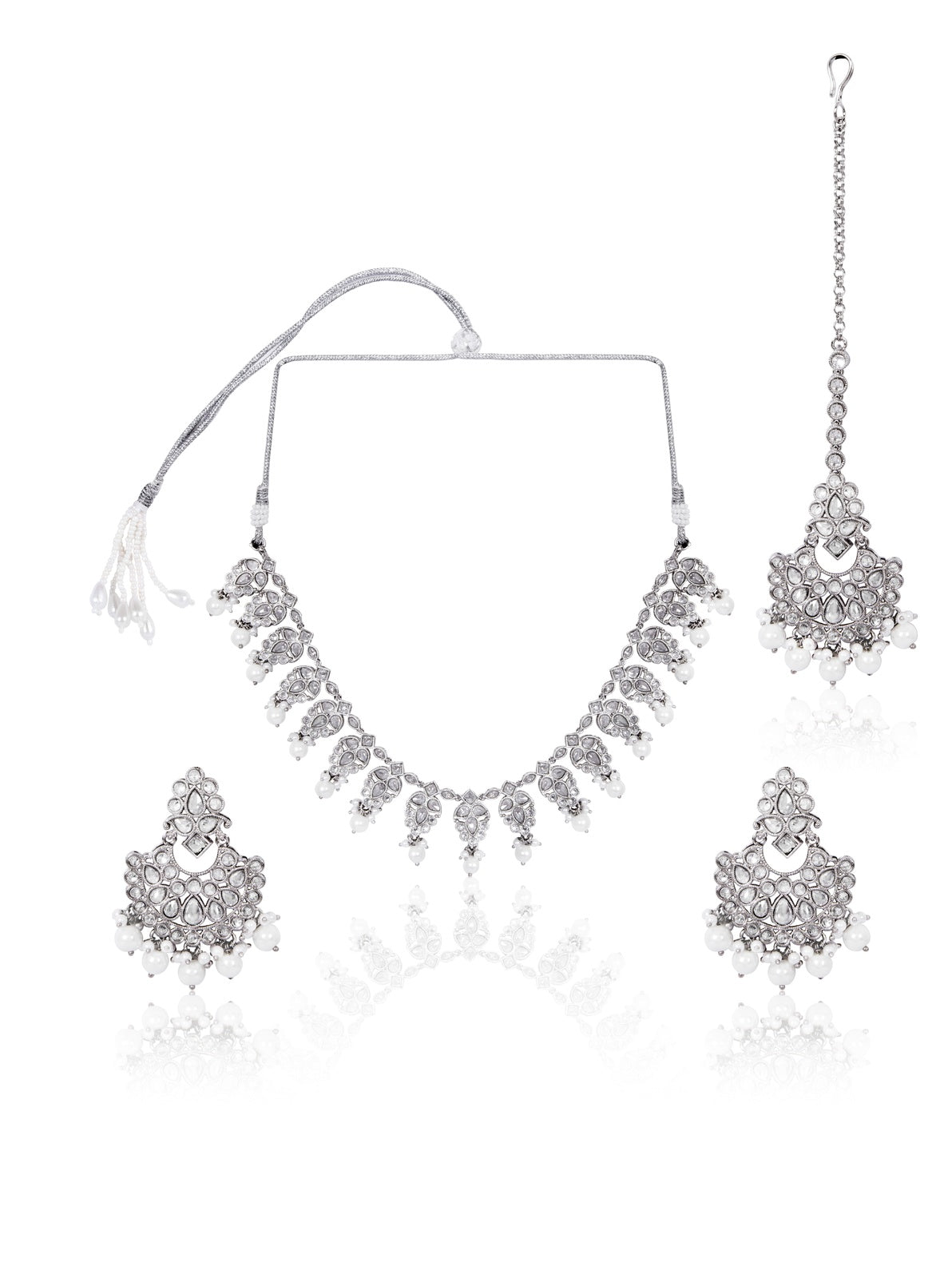 Itrani Royal Silver Pearl Kundan Bridal Necklace Set – Anti-Tarnish Brass Jewelry for Weddings & Festivals