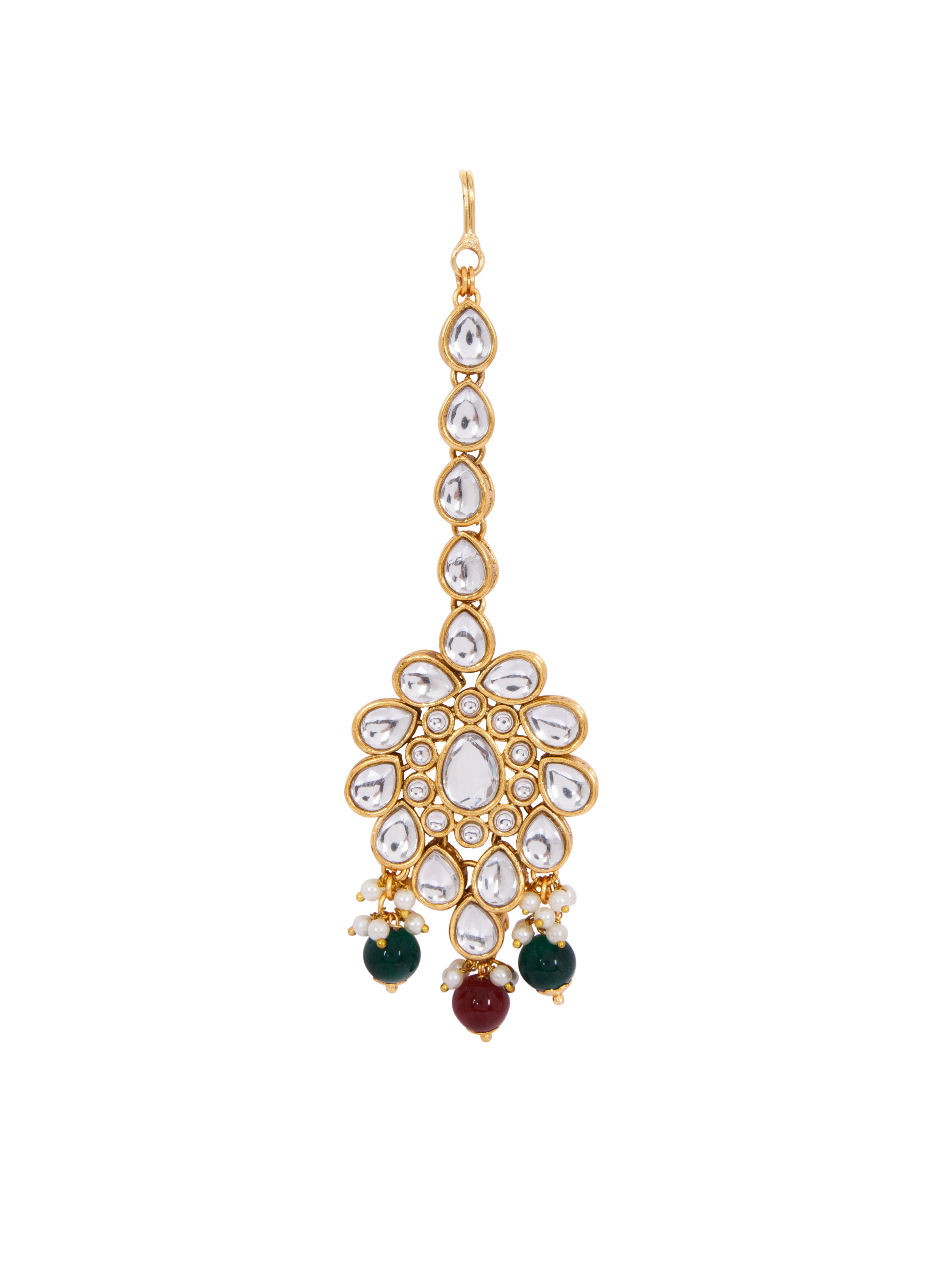 Itrani Royal Heritage Kundan Necklace Set – Red & Green Beaded Bridal Jewelry with Maang Tikka (Anti-Tarnish Brass) Clearance