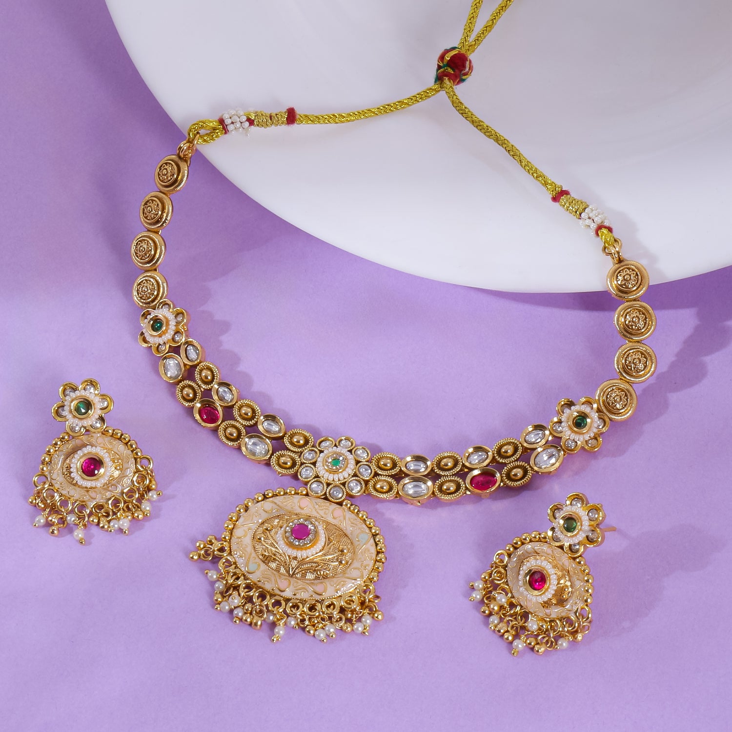 Itrani Rajwadi Gold Finish Polki Mina Necklace with Ruby-Emerald Stones
