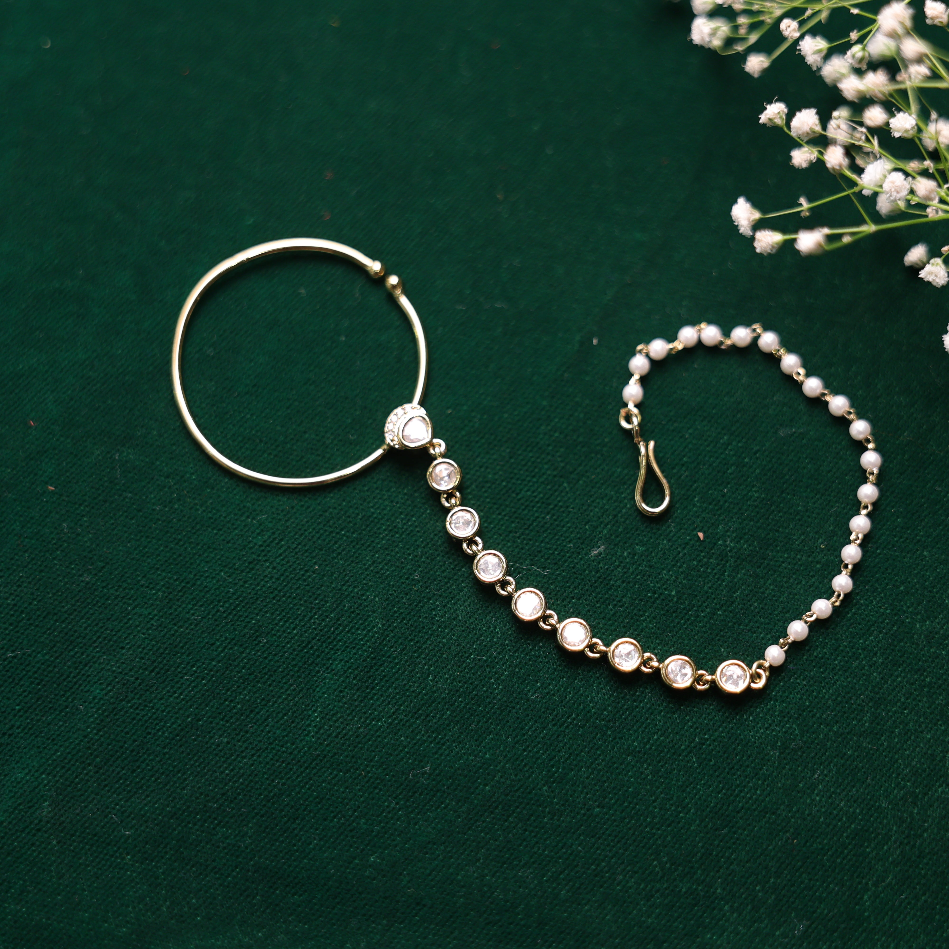 Itrani Elegant Polki and Pearl Chain Nath (Nose Ring)