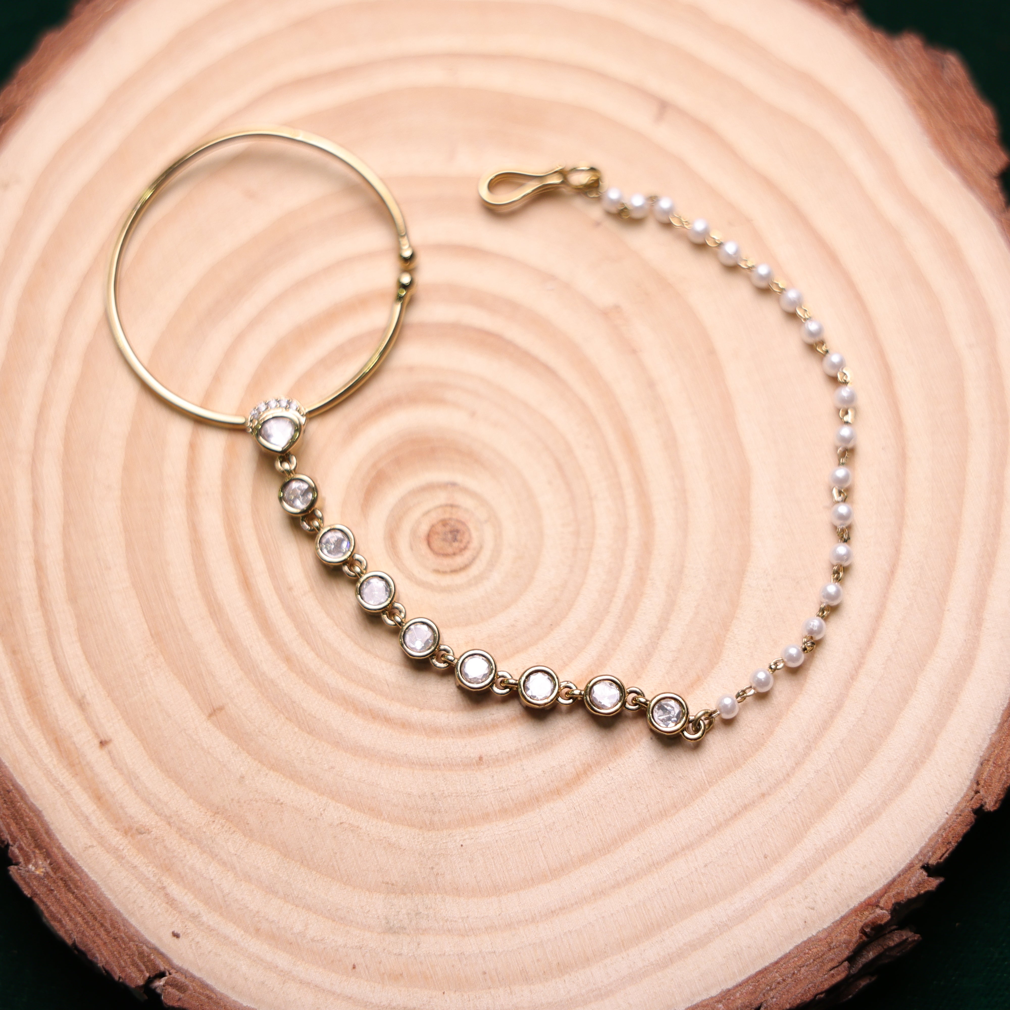 Itrani Elegant Polki and Pearl Chain Nath (Nose Ring)