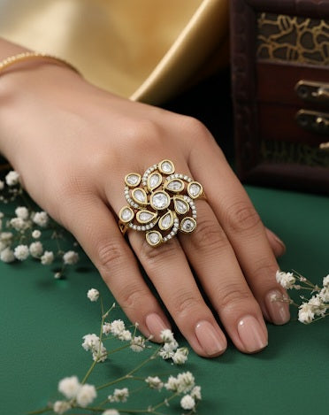 Itrani Swirl Style Clear Polki Stones Statement Brass Ring