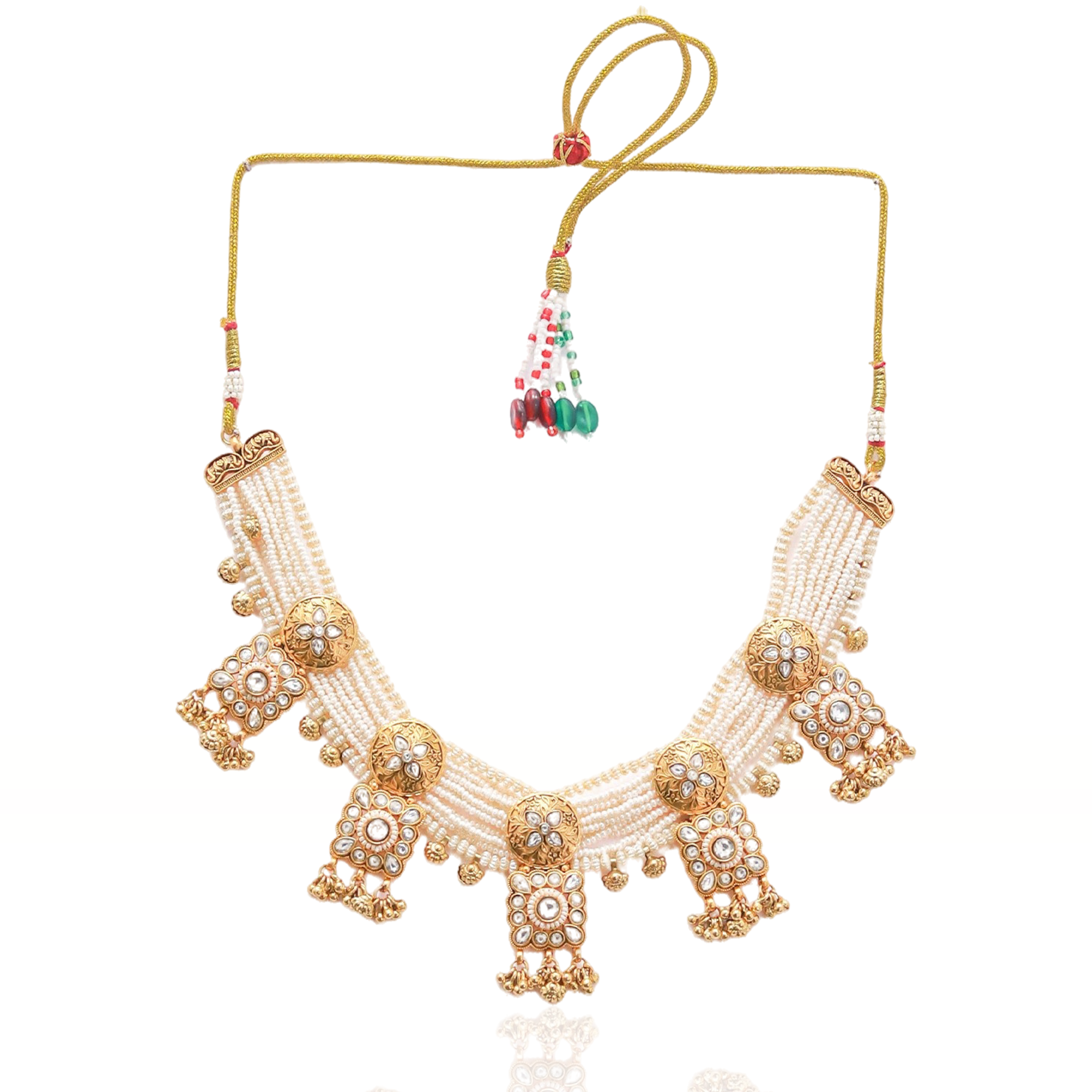 Itrani Royal Temple Pearl Necklace Set with Clear Polki Kundan Accents – Traditional Brass Bridal Jewelry