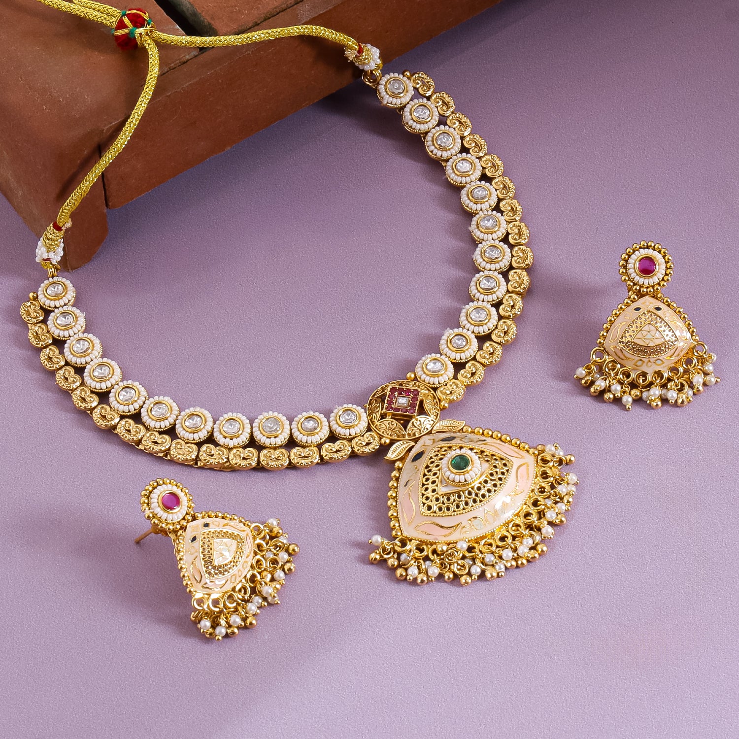 Itrani Rajwadi Polki Minakari Gold Finish Necklace with Emerald & Ruby Stones