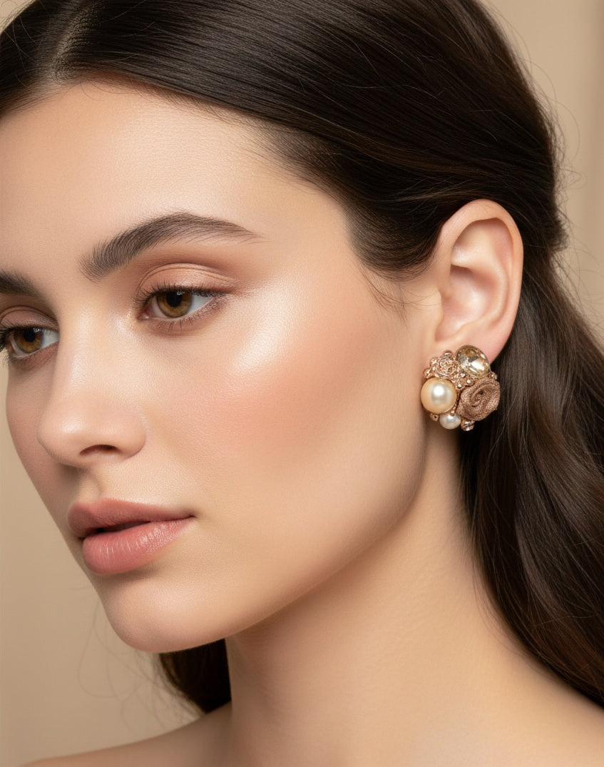 Itrani Floral Rose Gold Pearl Cluster Stud Earrings in Rose Gold Finish