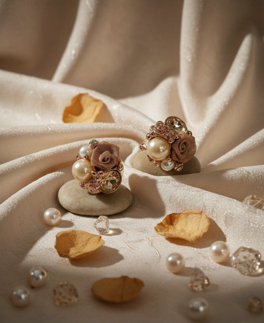 Itrani Floral Rose Gold Pearl Cluster Stud Earrings in Rose Gold Finish