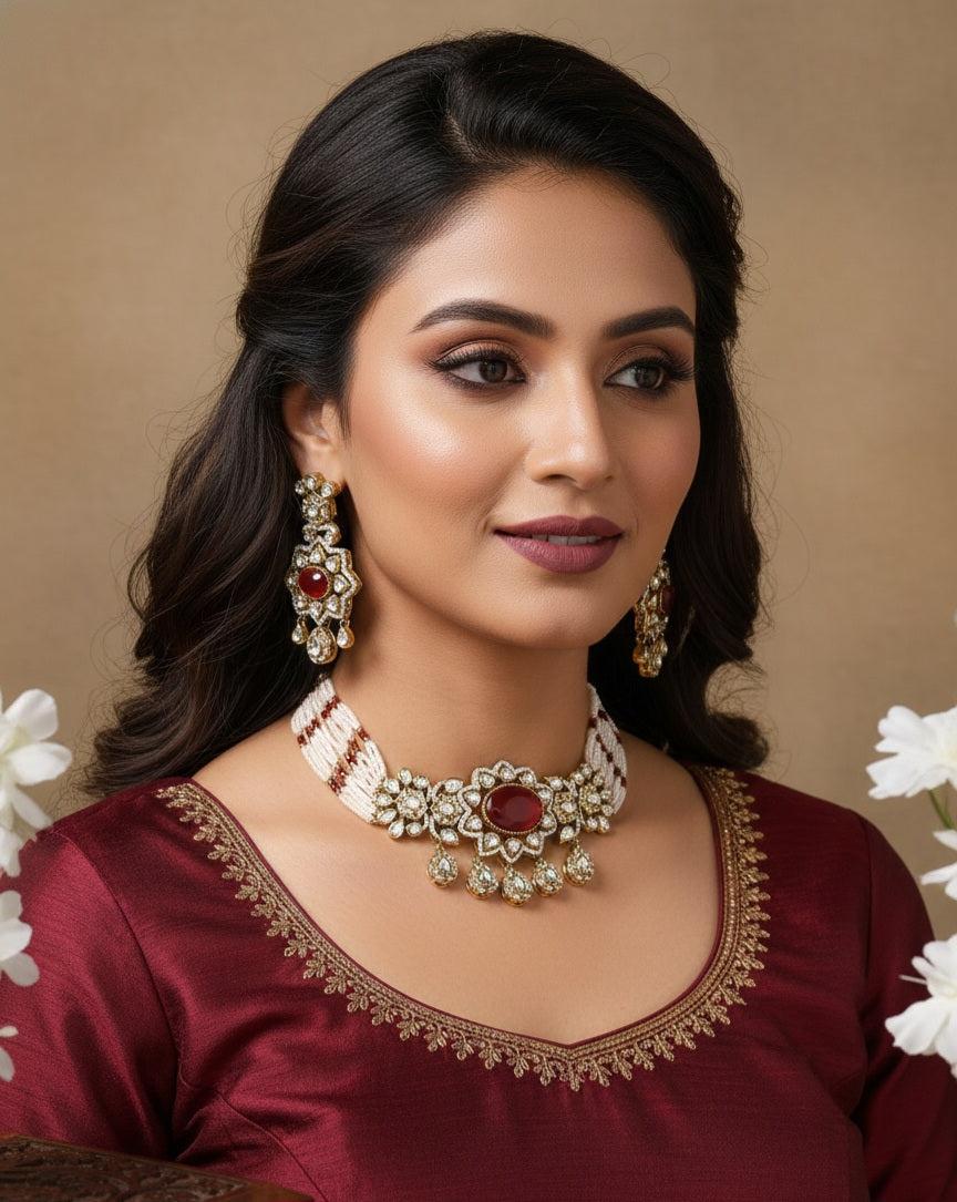 Itrani Luxe Oval Shaped Ruby With Polki Stones Choker Necklace Set