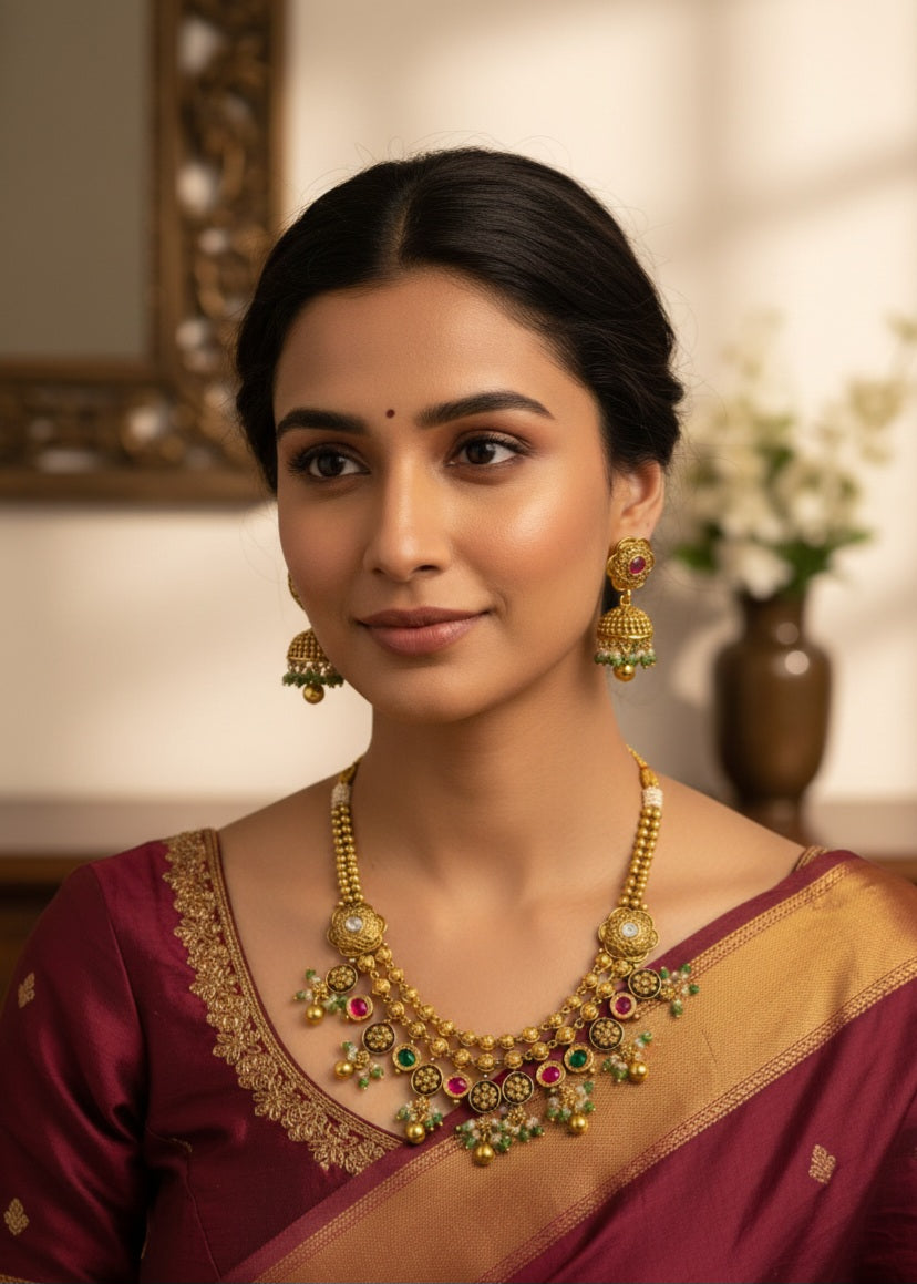 Itrani Royal Heritage floral Anitque Gold Brass Necklace Set with Sage green and Rani Color Stones