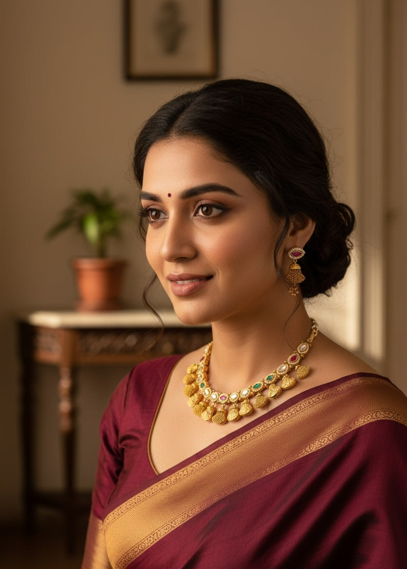 Itrani Heritage Antique Bell Motif Temple Brass Necklace Set with Color Stones – Traditional Festive Jewellery