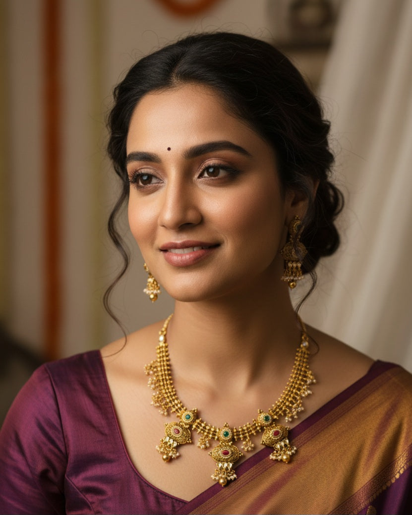 Itrani Heritage Antique Multi-Pendant Temple Brass Necklace Set with Color Stones – Bridal & Festive Jewellery