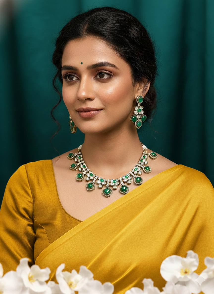 Itrani Royal Emerald Green LeafStyle Clear polki Stone Necklace Set