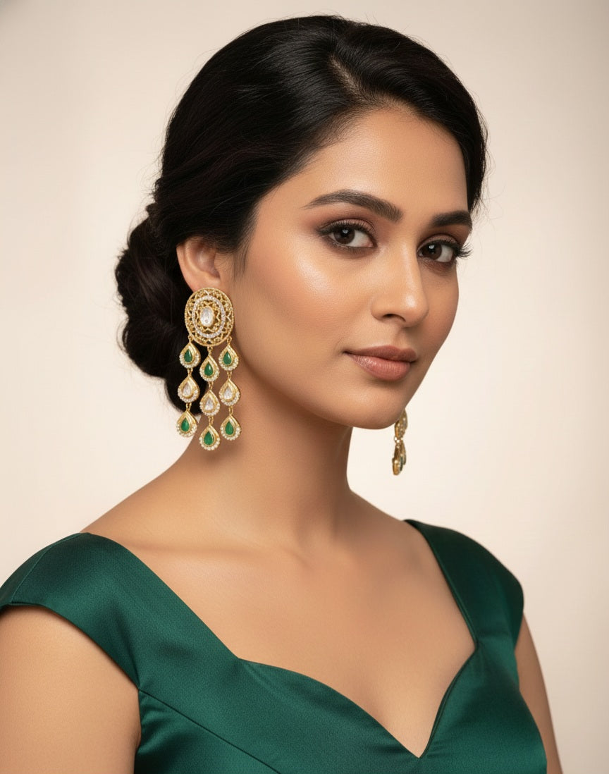 Itrani Emerald Grace Antique Brass Dangling Earrings with Polki Detailing and Setting Stone