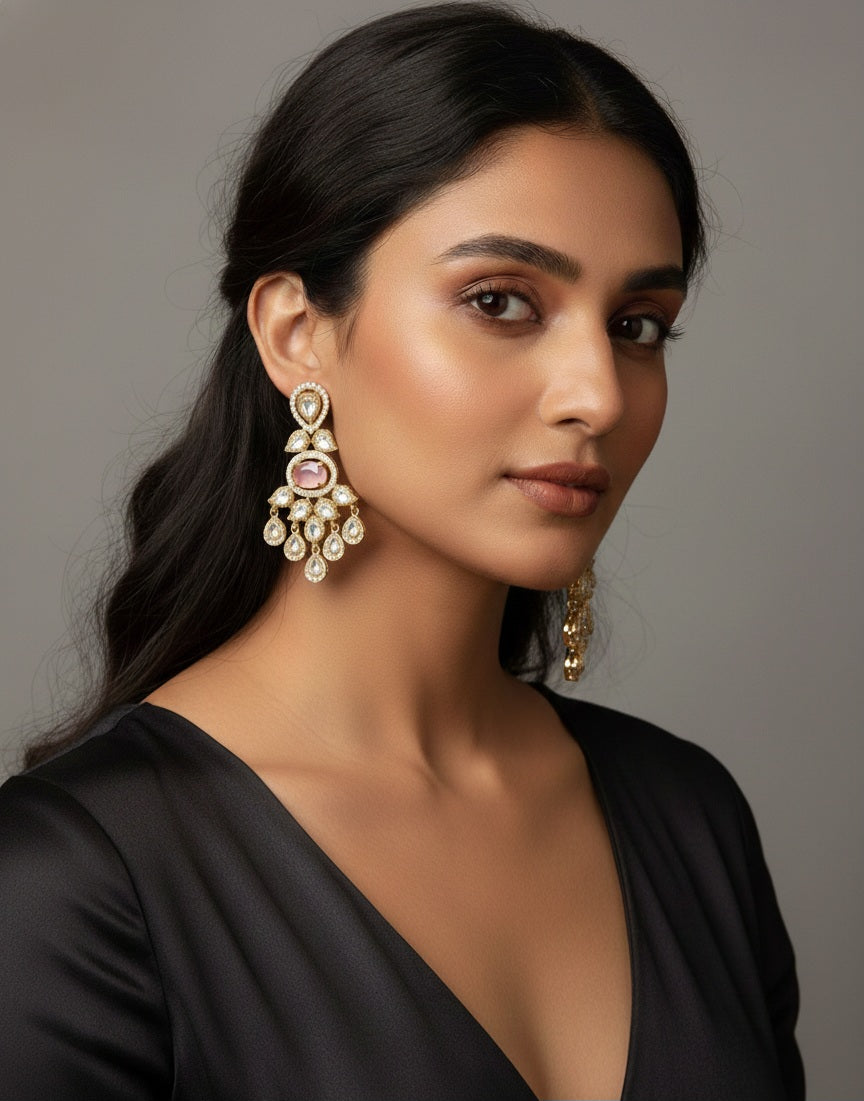 Itrani Baby Pink Blush Radiance With Uncut Diamond Antique Brass Clear Polki Drop Earrings