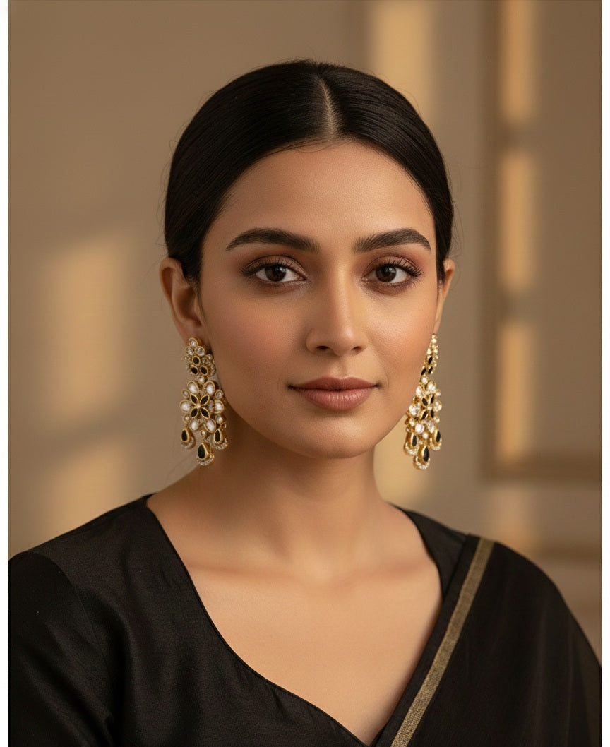 Itrani Midnight Bloom Kundan Brass Earrings – Black & White Crystal Danglers for Festive and Party Wear