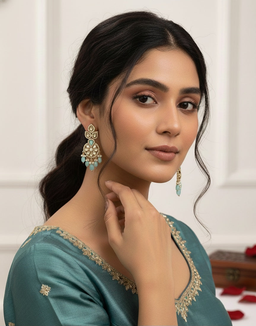 Itrani Aqua Bloom Uncut Diamond With Clear Polki and Aqua Drops Antique Brass Earrings