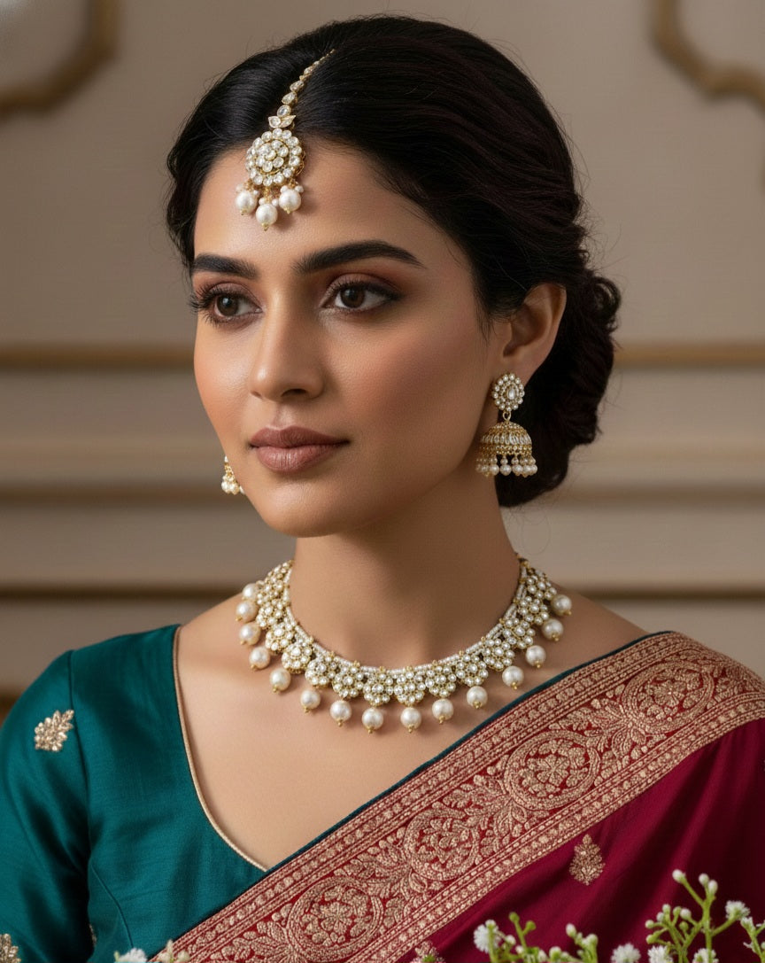 Itrani Golden Kundan Pearl Bridal Necklace Set – Elegant Anti-Tarnish Brass Jewelry for Weddings & Festive Glam