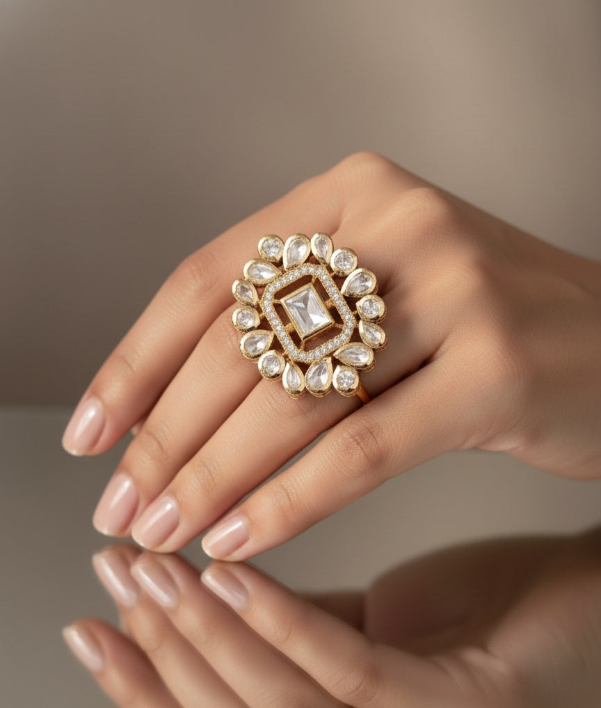 Itrani Regal Charm Polki Ring – Anti-Tarnish Brass with Classic Stonework