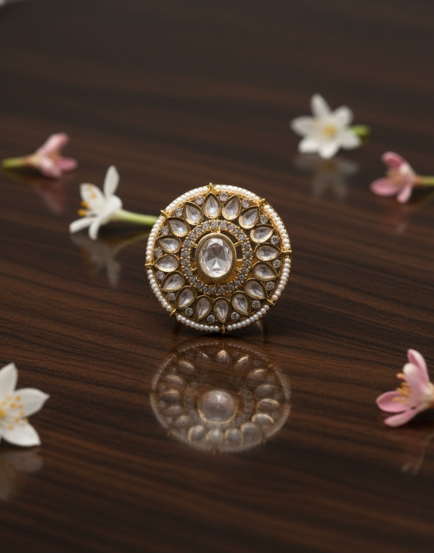 Itrani Majestic Aura Polki Ring – Statement Brass Jewelry with Pearl Detailing
