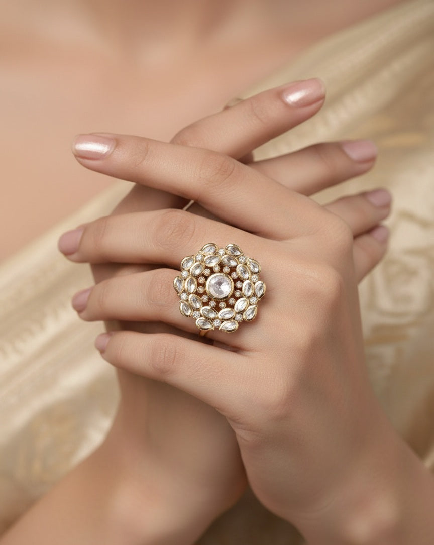 Itrani Polki Radiance Floral Ring –Clear Polki Stone Statement Brass Ring