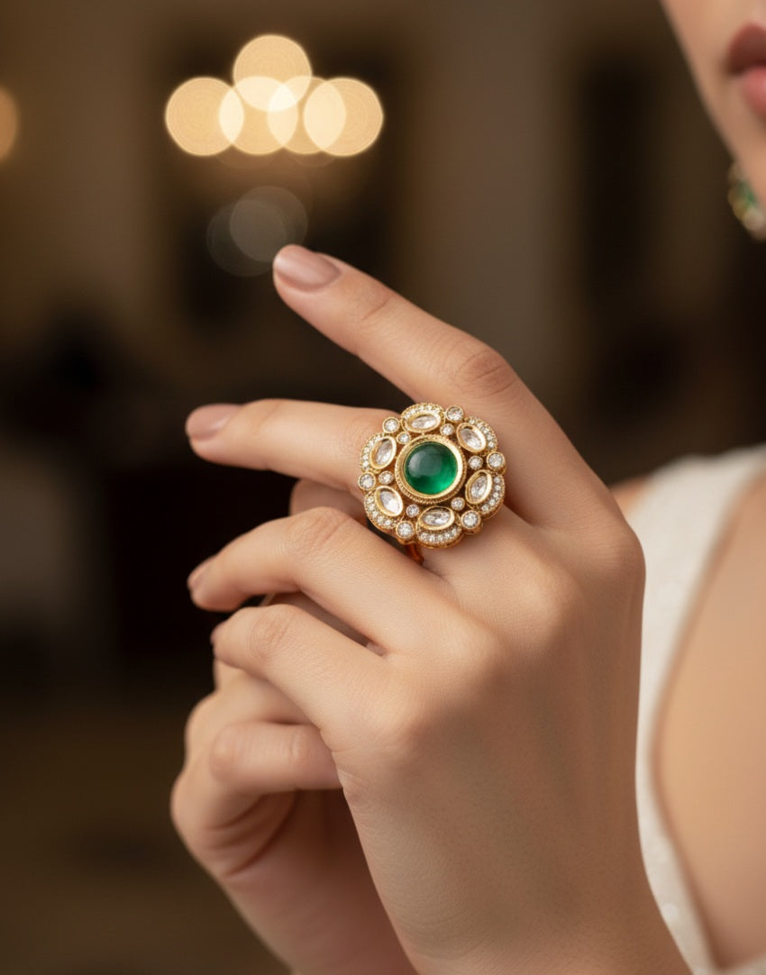 Itrani Royal Bloom Green Stone Ring – Antique Finish & Anti-Tarnish Brass
