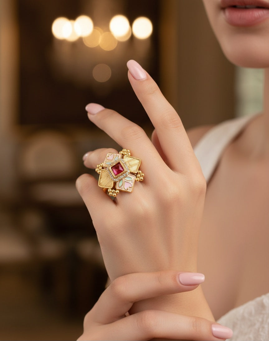 Itrani Gulbahaar Rani Enamel Ring – Adjustable Antique Brass Ring with Meenakari Detailing