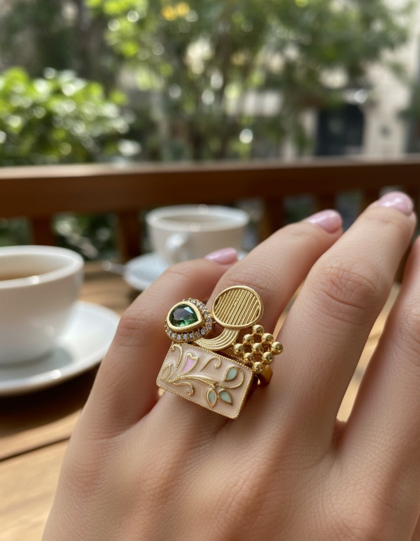 Itrani Meher Enamel Art Ring – Pastel Pink & Green Statement Brass Ring for Festive Wear