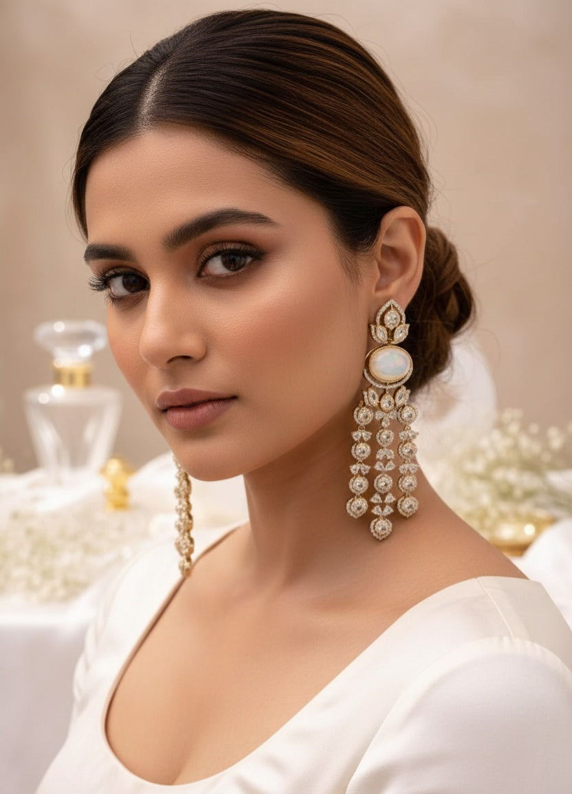 Itrani Elegent Monther of Pearl Centre Stone Danglling Earrings with Clear Polki Stone – Anti-Tarnish Brass