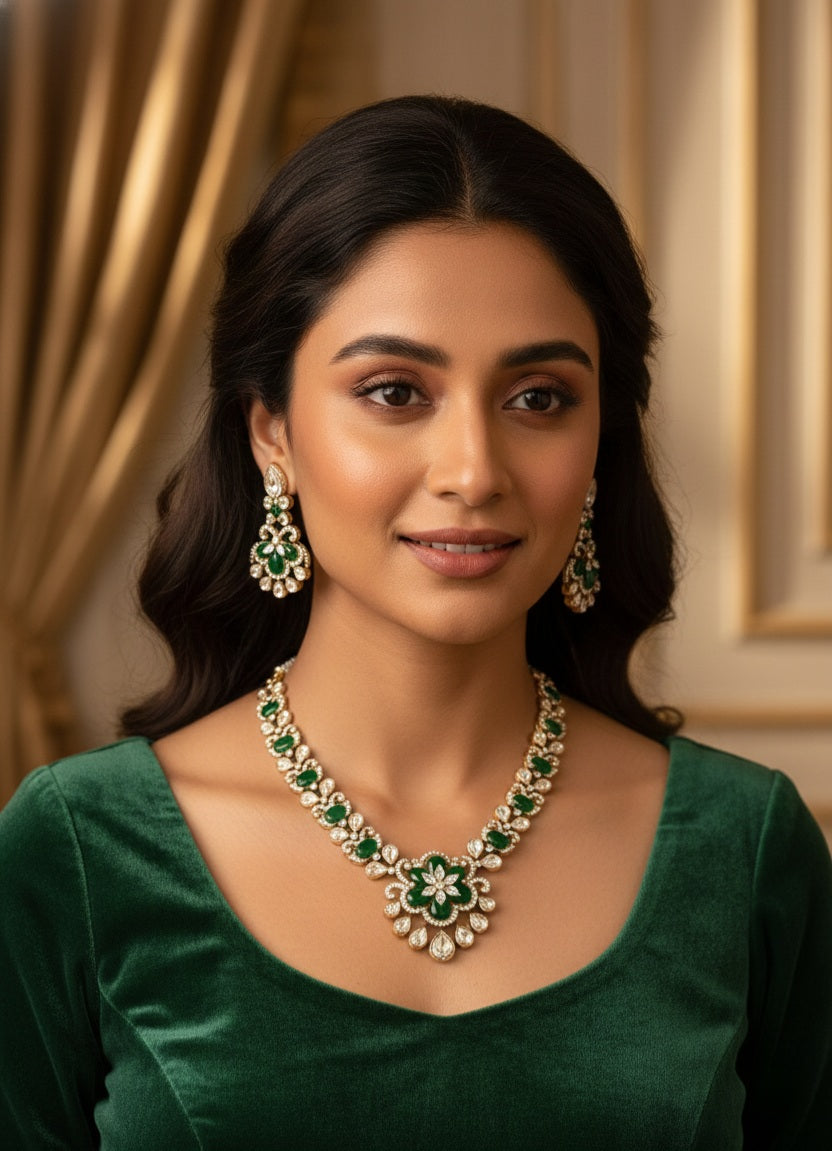 Itrani Luxe Floral Emerald Uncut Diamond with Clear Polki and Setting Stone Necklace Set