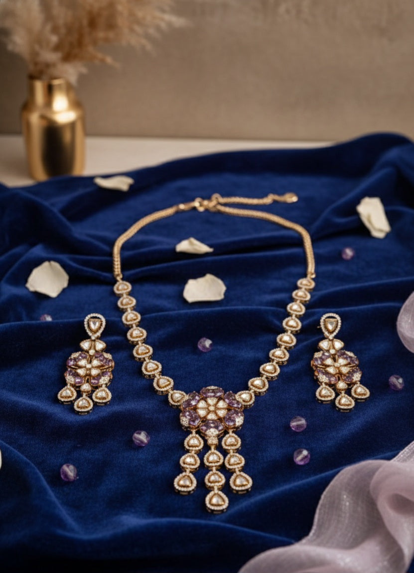 Itrani Lavish Purple Lavender Color Stone Uncut Diamond Necklace Set – Anti-Tarnish Brass