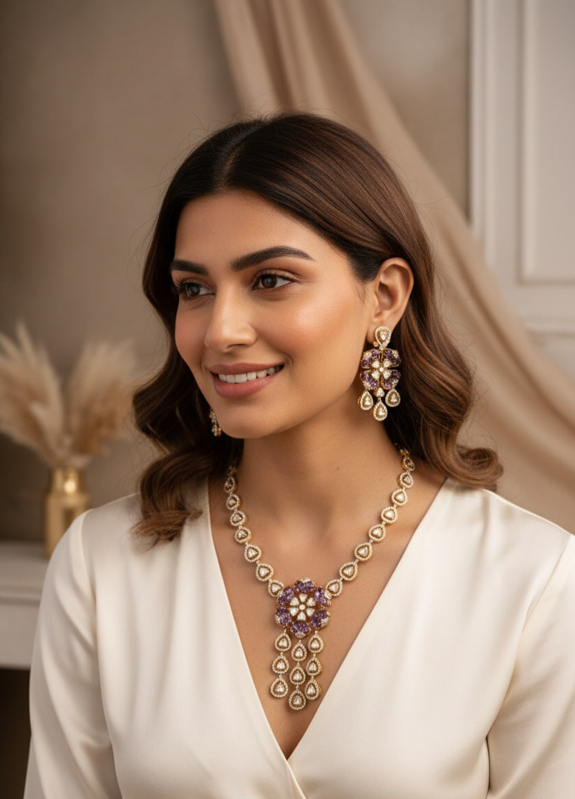 Itrani Lavish Purple Lavender Color Stone Uncut Diamond Necklace Set – Anti-Tarnish Brass