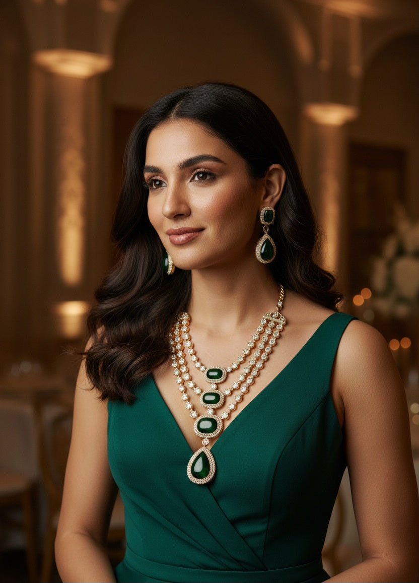 Itrani Maharani Emerald, Ruby Grace Three Layered Long Necklace Set with Beautiful Centre Stones
