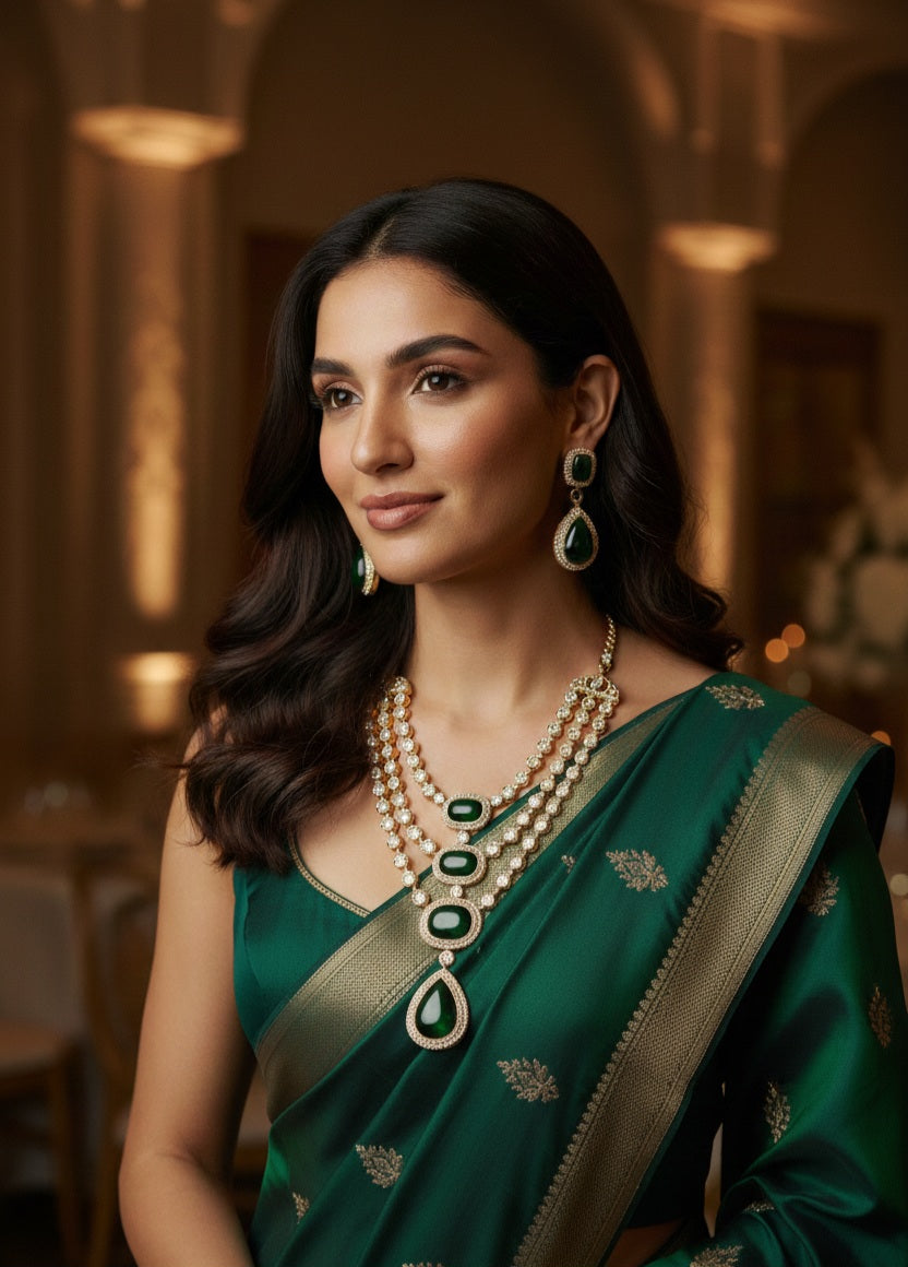 Itrani Maharani Emerald, Ruby Grace Three Layered Long Necklace Set with Beautiful Centre Stones