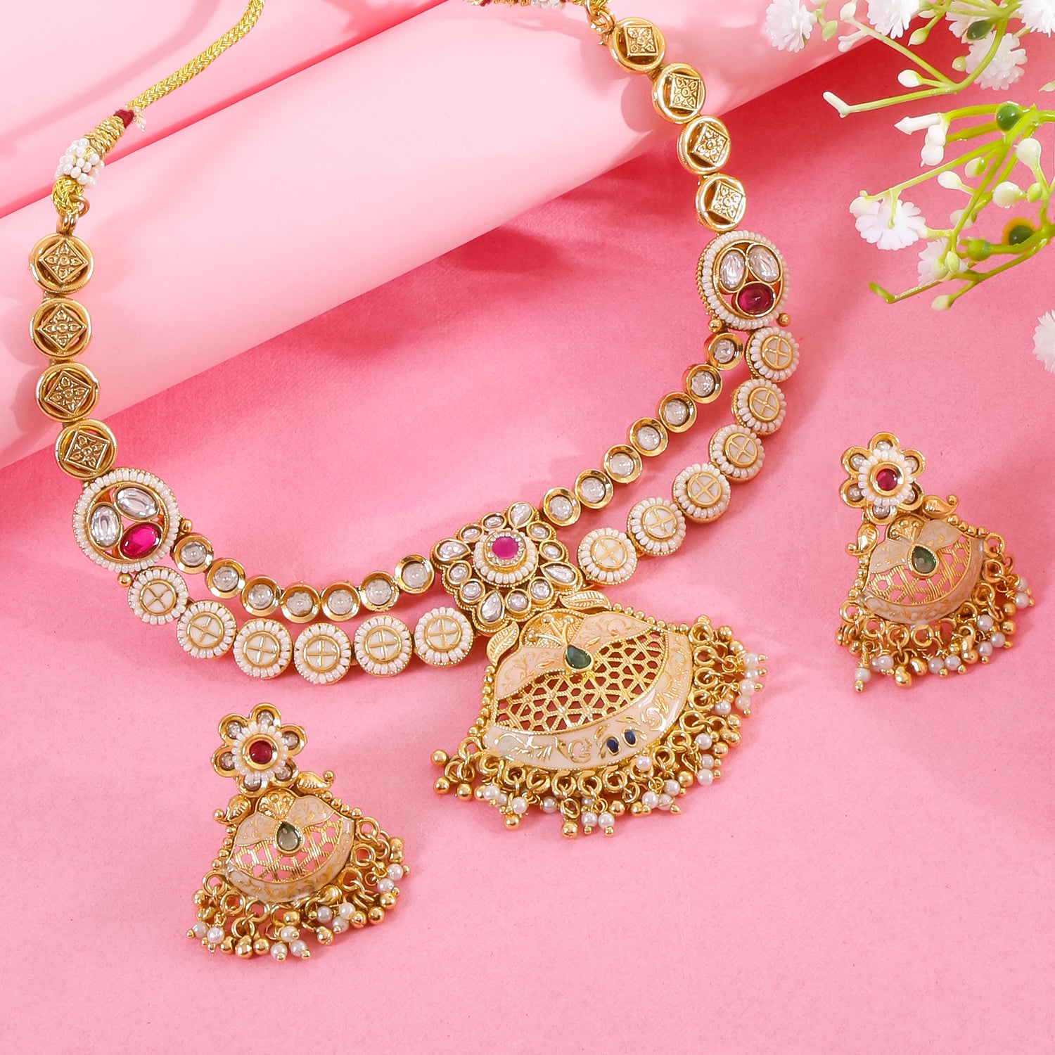 Itrani Rajwadi Double-Layered Polki Necklace with Kidiya Moti & Emerald Ruby Stones