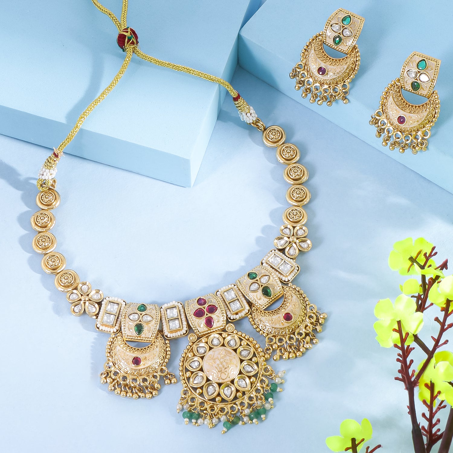 Itrani Rajwadi Half Moon Polki Necklace with Emerald & Ruby Stones