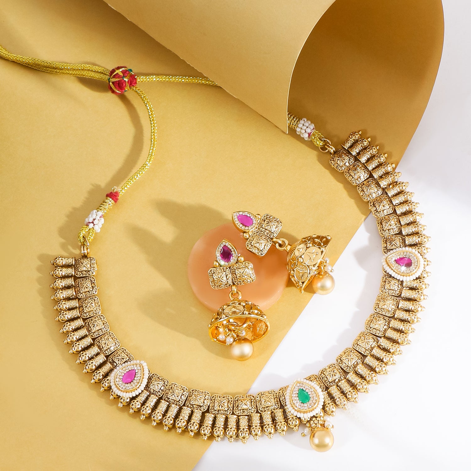 Itrani Rajwadi Polki Gold Finish Brass Necklace with Jhumki & Ruby-Emerald Accents