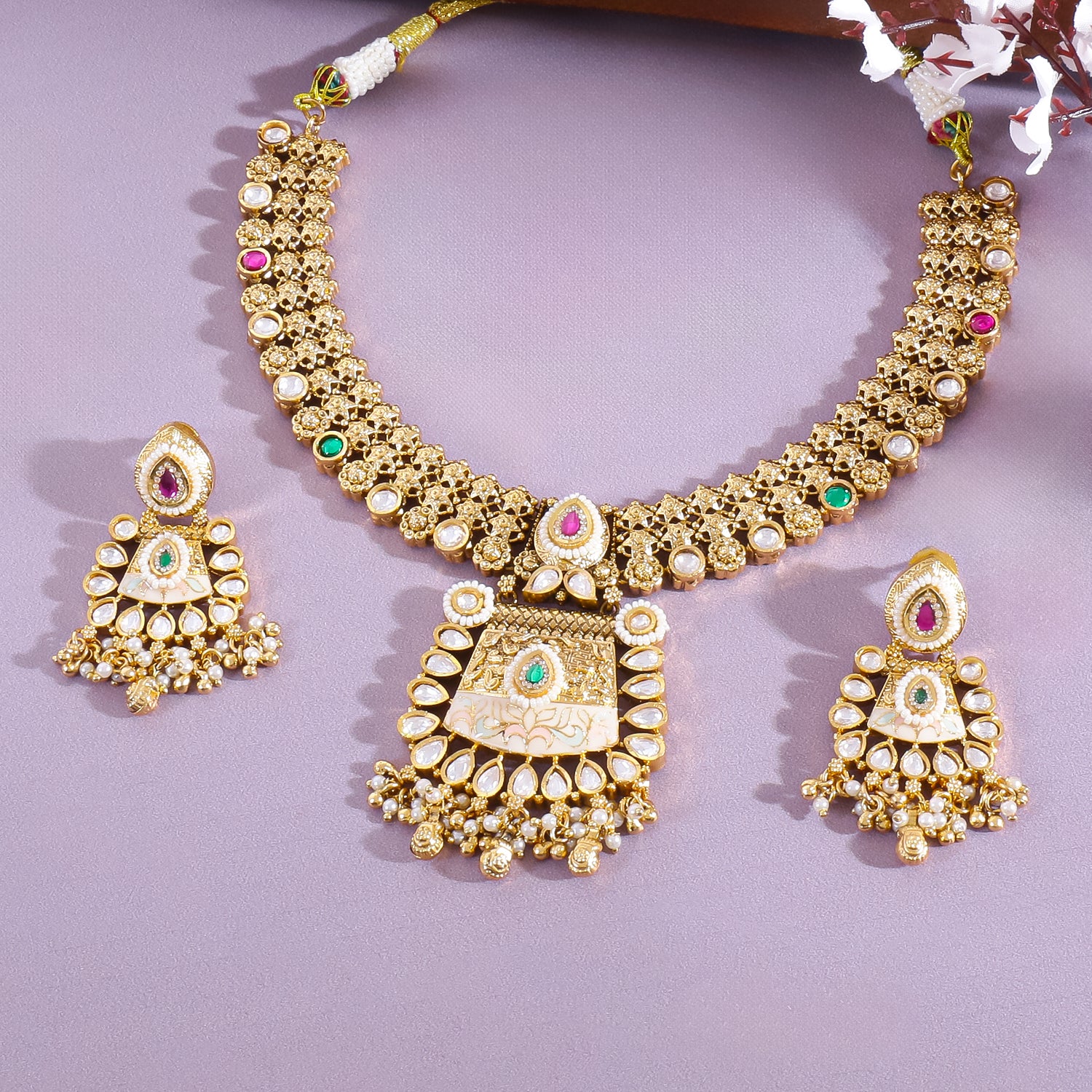 Itrani Rajwadi Gold-Finish Polki Necklace with Emerald Ruby Stones