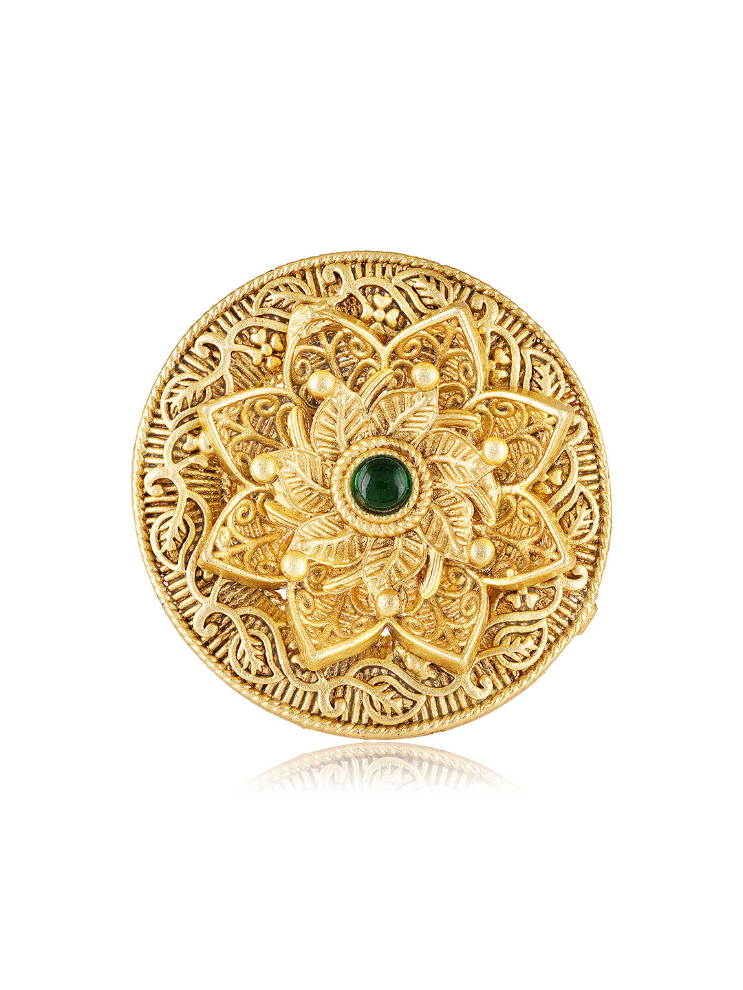 Itrani Regal Bloom Antique Rajwadi Gold Polish Ring with Emerald Stone