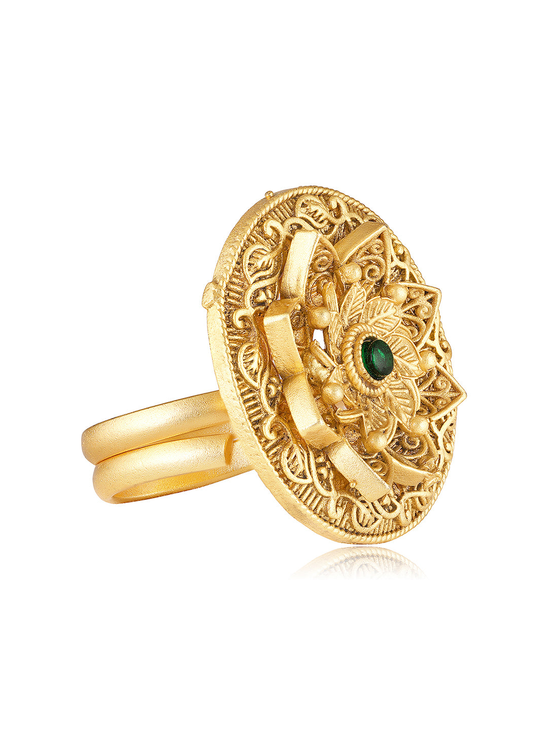 Itrani Regal Bloom Antique Rajwadi Gold Polish Ring with Emerald Stone