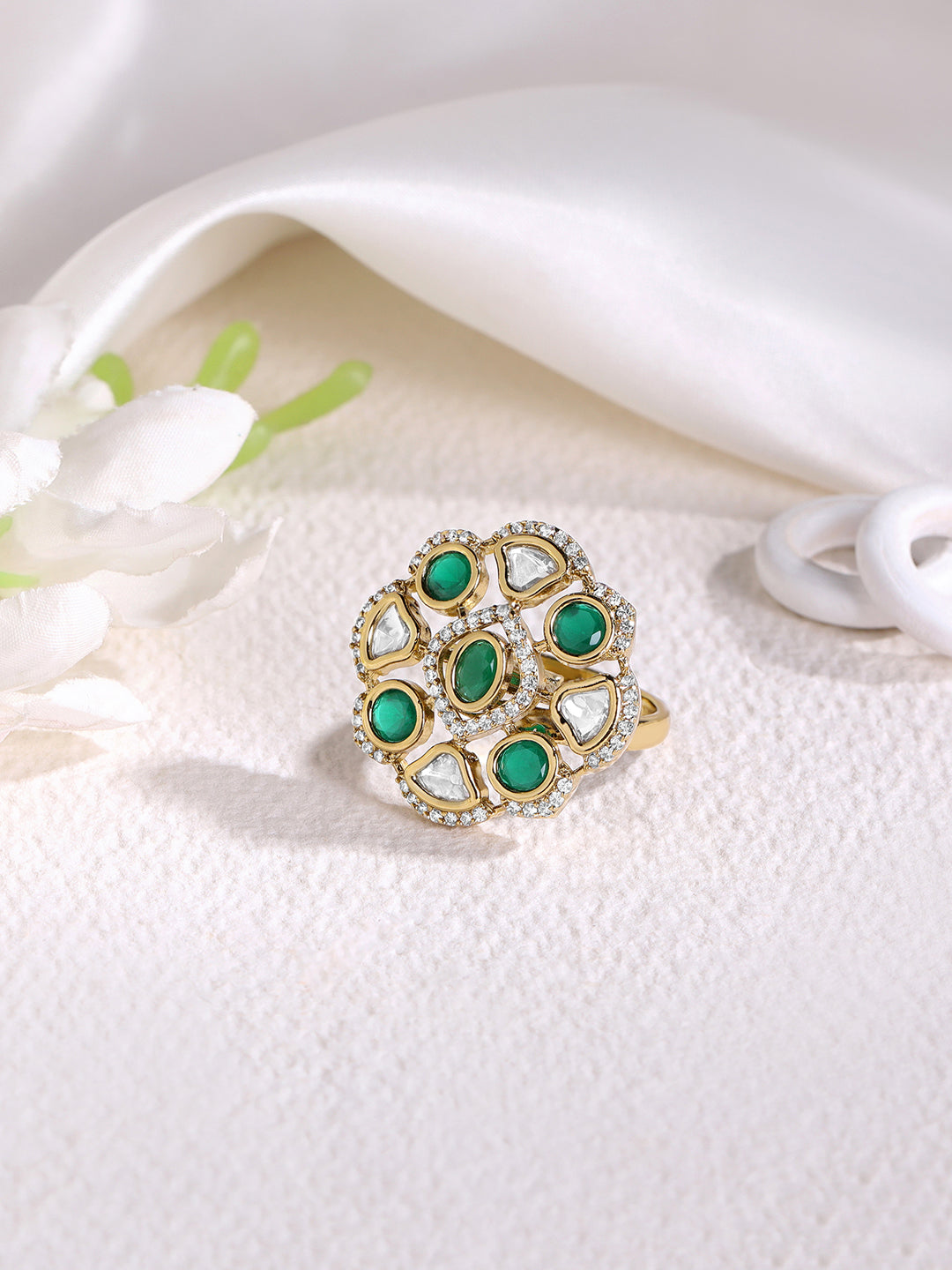 Itrani Emerald Bloom Kundan Style Green Stone Statement Ring