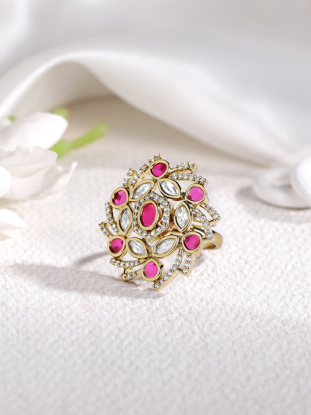 Itrani Rose Radiance Rani Pink Stone Statement Ring in Gold Finish