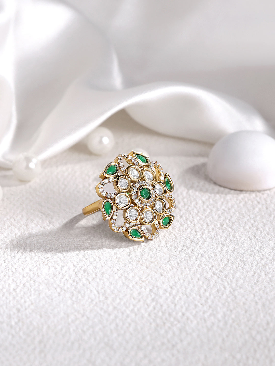Itrani Regal Bloom Green Stone Statement Ring in Gold Finish