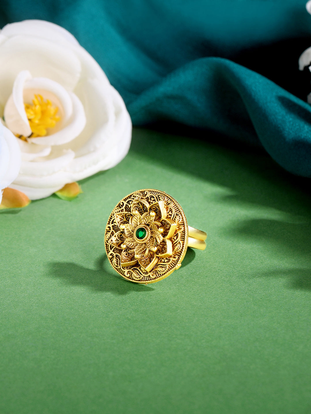 Itrani Regal Bloom Antique Rajwadi Gold Polish Ring with Emerald Stone