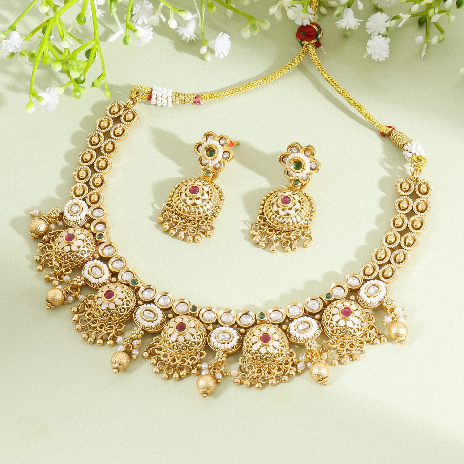 Itrani Rajwadi Gold Finish Polki Necklace with Ruby & Emerald Accents