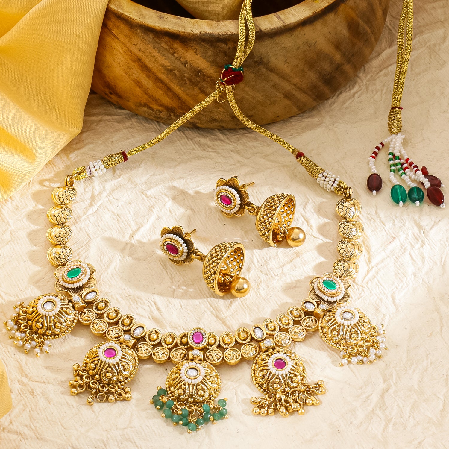 Itrani Rajwadi Regal Necklace Set with Ruby and Emerald Accents