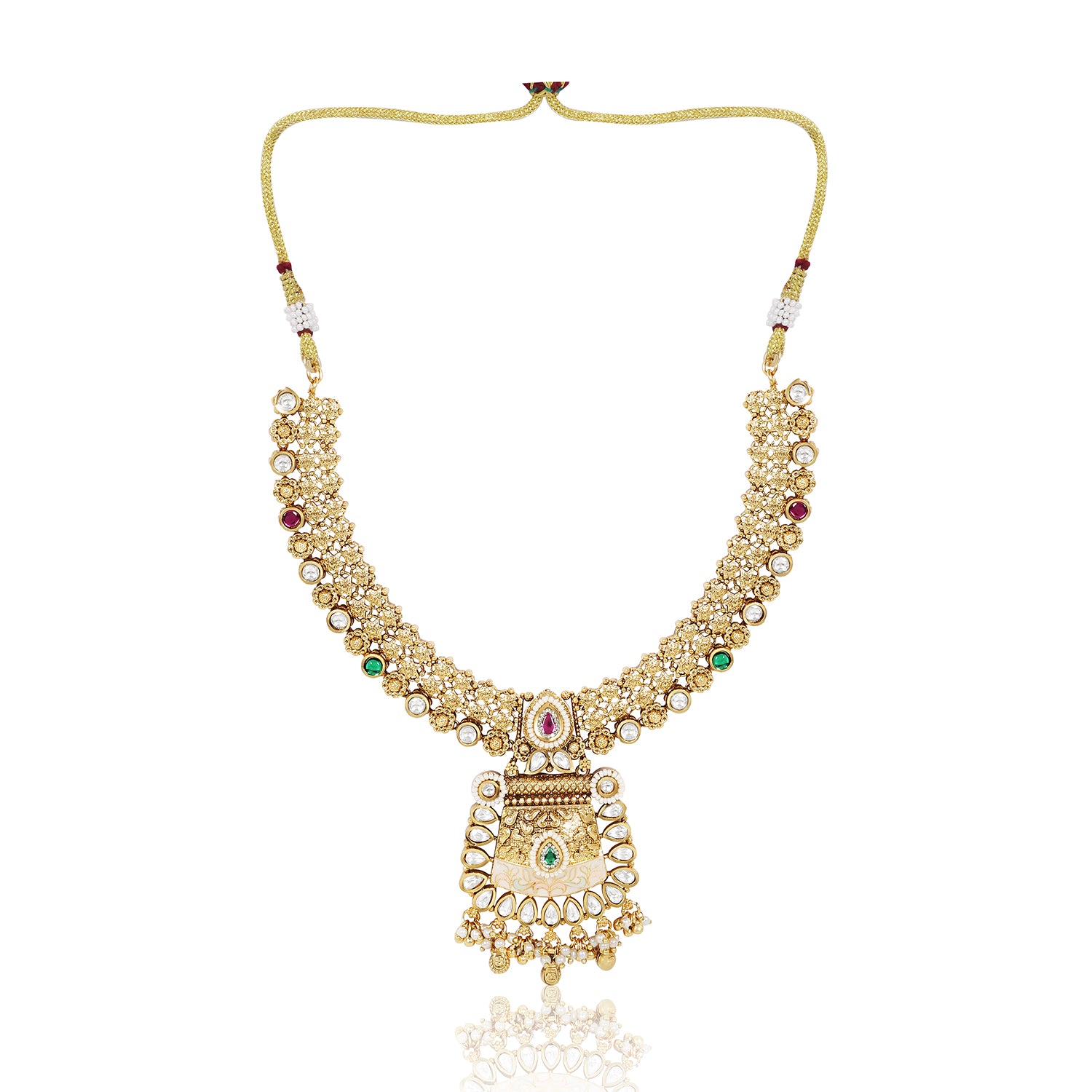 Itrani Rajwadi Gold-Finish Polki Necklace with Emerald Ruby Stones