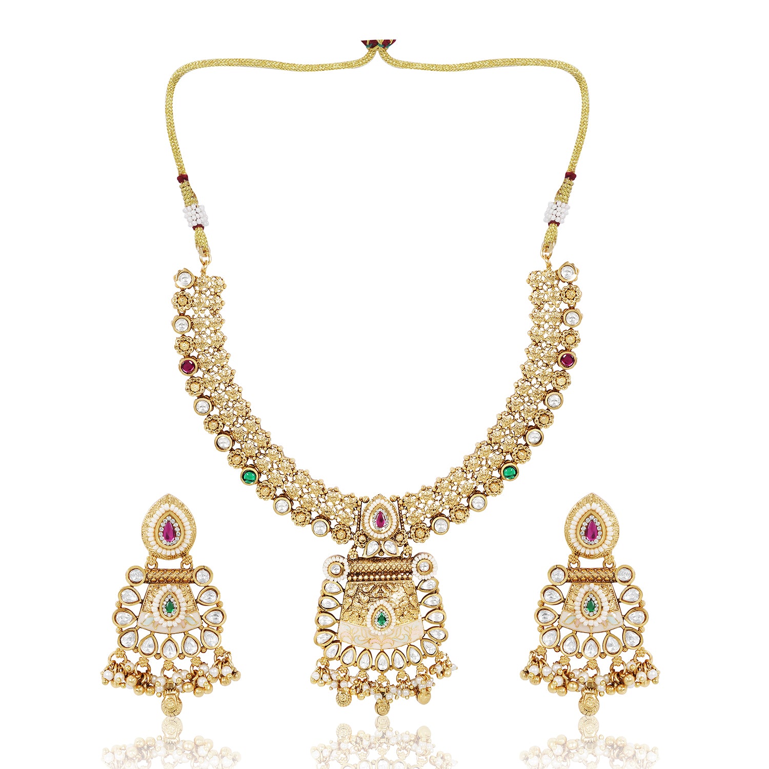 Itrani Rajwadi Gold-Finish Polki Necklace with Emerald Ruby Stones