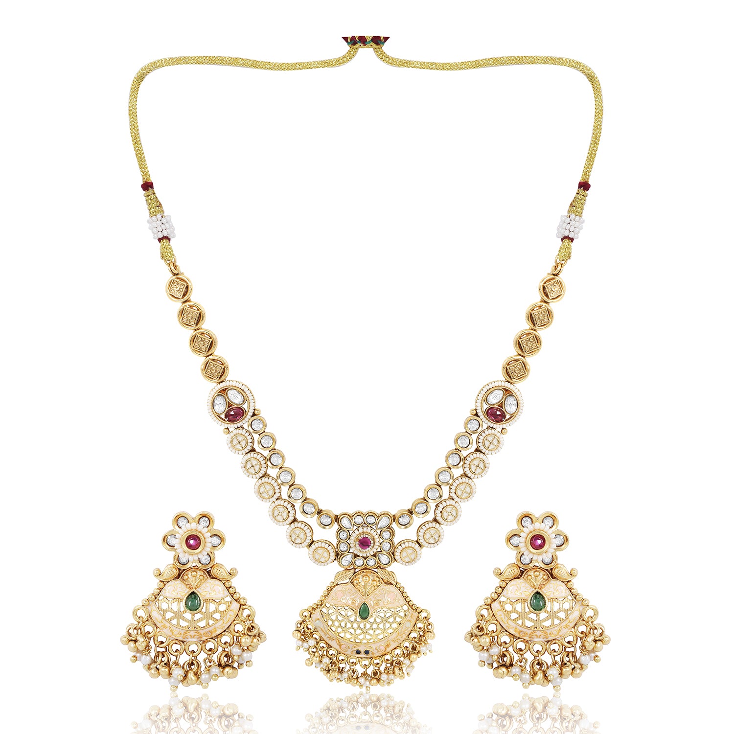 Itrani Rajwadi Double-Layered Polki Necklace with Kidiya Moti & Emerald Ruby Stones